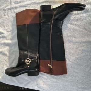 MICHAEL KORS Fulton Harness Tall Riding Boots Womens Black Leather w/ Brown 6M